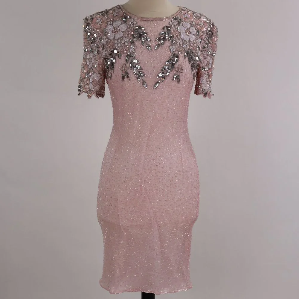 🌺 Vtg Stenay NWOT Pink Sequin Beaded Rhinestone Party Cocktail Wedding Dress S - Picture 7 of 13